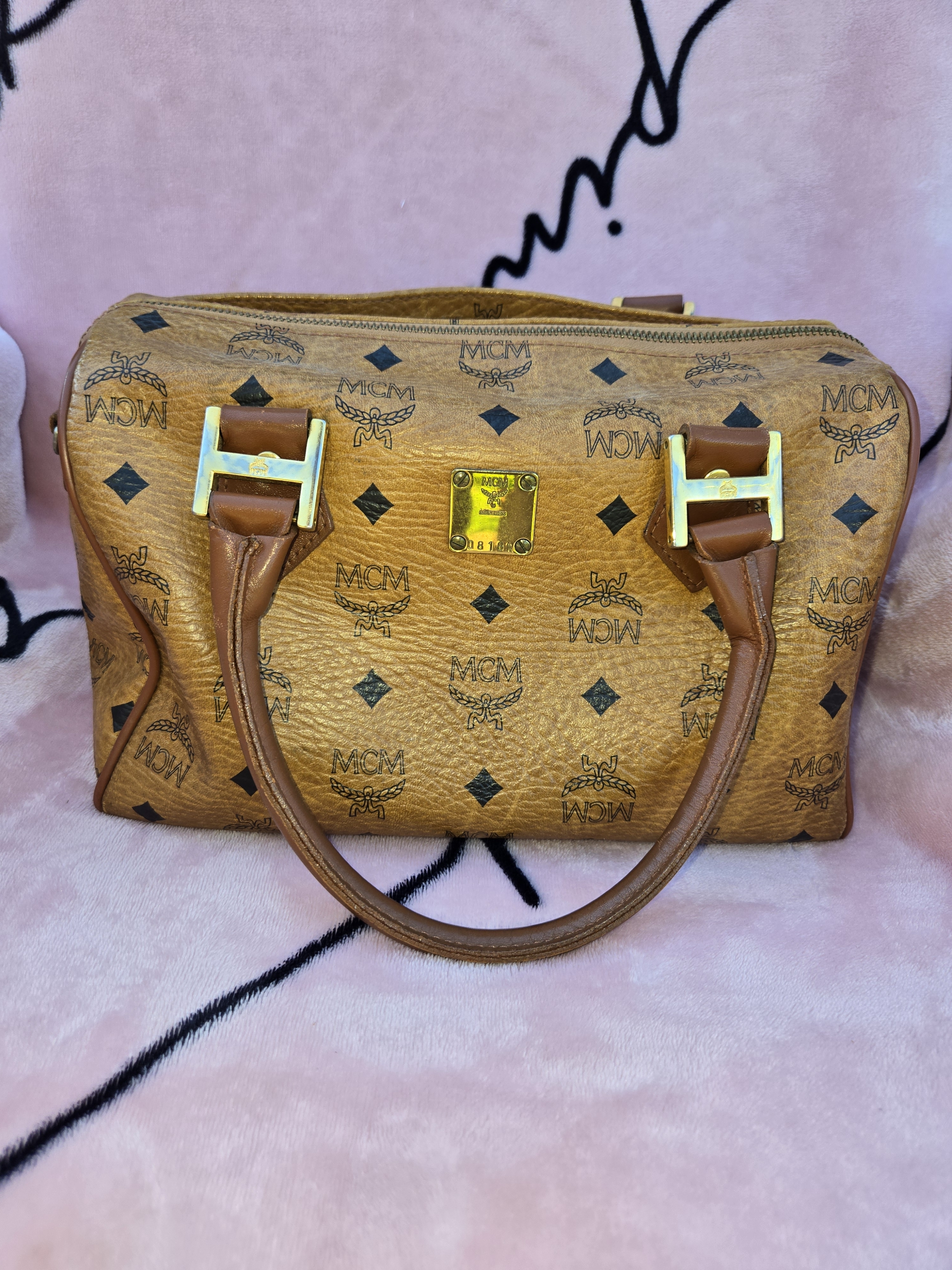 Mcm Cognac Visetos Boston Satchel Bag